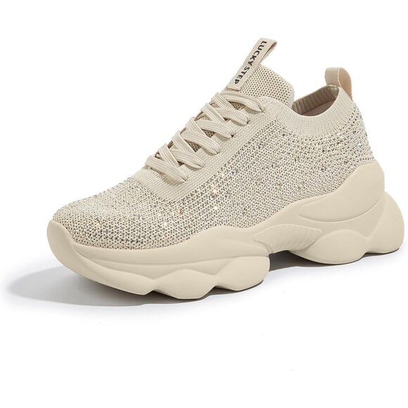 Lucky Step Shoes - Lucky Step Women's Beige Rhinestone Sneaker Chunky Sparkly Bling Mesh Slip on